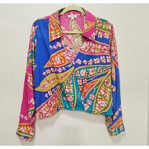 Haute Hippie L Cross V neck Pink Bright Floral Blouse Elastic back Boho Romantic